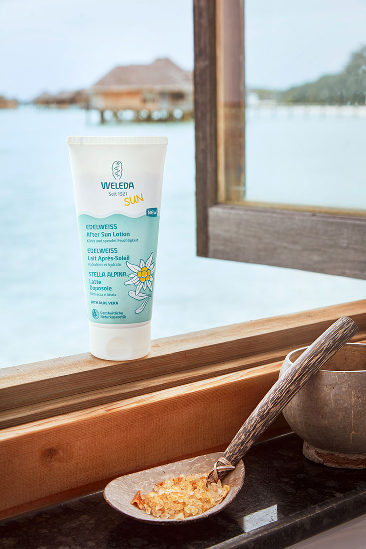 Naturkosmetik-Weleda-Sonnencreme-Sonnenschutz-Apres-Lotion-Edelweiss-Malediven-Gili-Lankanfushi-Watervilla