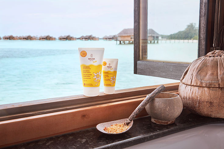 Naturkosmetik-Weleda-Sonnencreme-Sonnenschutz-Edelweiss-Malediven-Gili-Lankanfushi-Watervilla