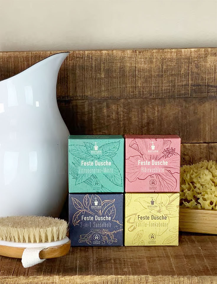 Plastikfreie Kosmetik von Bioturm – das sind die Zero Waste Less Waste Neuheiten: Feste Dusche, Feste Spülung, Fester Conditioner